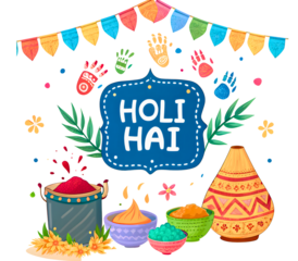 holi hai festival celebration with colorful powder and decorations
