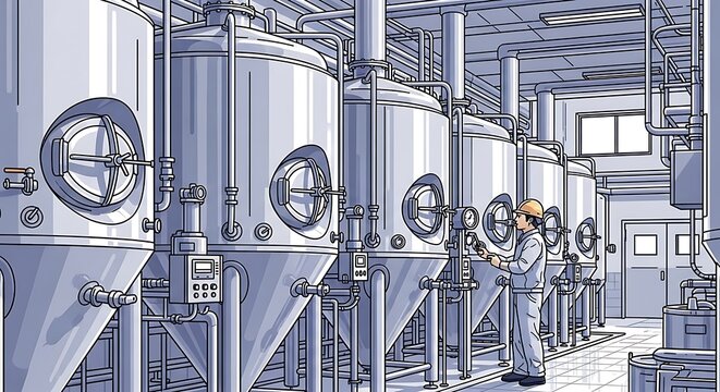 Brewery tanks with industry worker.