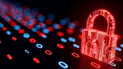 Glowing red digital padlock with circuit board design on a black background with red and blue lights
