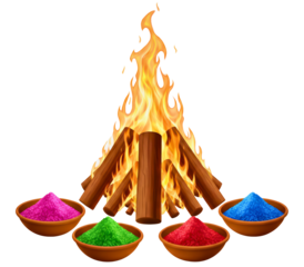 Vibrant holi colors in bowls around a burning bonfire isolated on white  transparent background