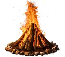 a large fire burning in a stone circle on a black background
