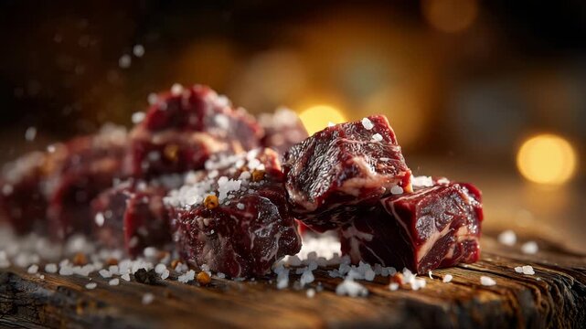 Dynamic food scene featuring raw beef cubes on a wooden board, flaky sea salt sprinkled across the surface, a small stack of cubes grounding the composition while one cube hovers m
