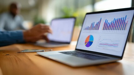 Business professionals collaborate over automated crossselling tools on laptops analyzing data to increase product uptake efficiently in a hightech workspace.