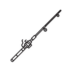Minimalist black and white icon of a fishing rod with a reel.