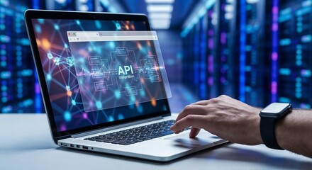 API Integration and Software Development Concept with Laptop in Data Center Environment