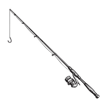 A realistic black and white sketch of a fishing rod with a hook.
