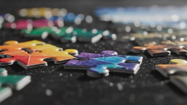 Close-up view of a colorful jigsaw puzzle with pieces partially assembled on a dark background