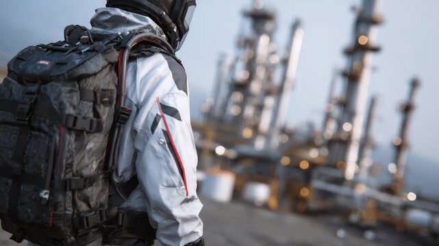 Extreme close-up of SCBA backpack and suit sleeve, high detail on buckles, straps, and fabric weave, blurred petrochemical plant machinery providing contextual depth