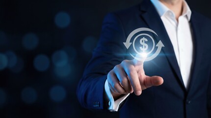 Professional businessman touching a glowing virtual dollar exchange icon on a dark digital