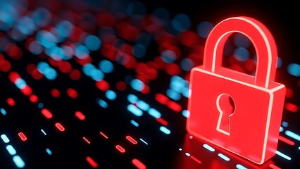 A glowing red padlock on a digital background with blue and red lights