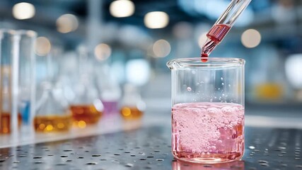 Focused close-up of a nutrition laboratory experiment, transparent chemical being poured into a beaker of pink liquid, creating an active bubbly reaction, glassware reflections and
