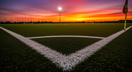 Corner of a sports field with artificial turf and white line markings under a vibrant sunset, representing a place for competition and athletic endeavor