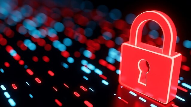 A glowing red padlock on a digital background with blue and red lights - Powered by Adobe