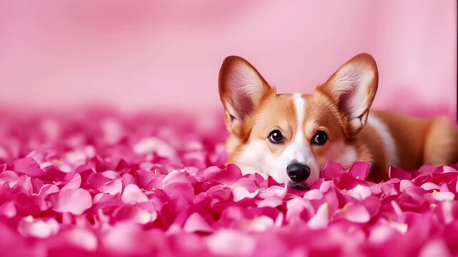 Love. Valentines day. Mothers day theme. A closeup of a corgi dog surrounded by pink rose petals. The dogs face is partially obscured by the petals.