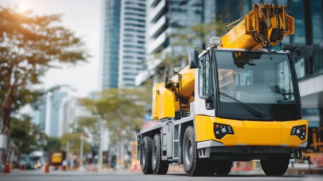 Front-angle view of a mobile hydraulic crane, outriggers deployed for stability, boom highlighted with light and shadow, surrounding urban streetscape slightly out of focus