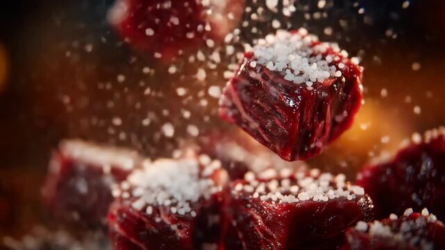Fresh beef cubes captured in motion, salt sprinkling through the air, one cube frozen mid fall while others remain stacked neatly below, rich red tones emphasized with cinematic li
