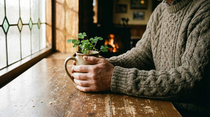 Close up of senior man hands in warm wool sweater holding ceramic mug with green shamrock clover at wooden table for St Patrick Day and Irish tradition concept