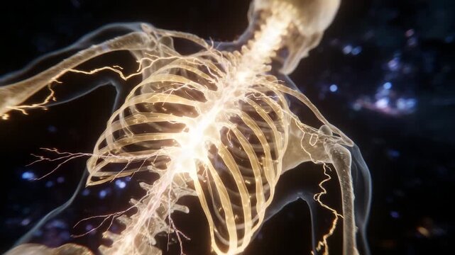 Full-body visualization of skeleton and nervous system, nerves branching from spinal cord across limbs, bones textured with subtle shading, artistic lighting emphasizing structure