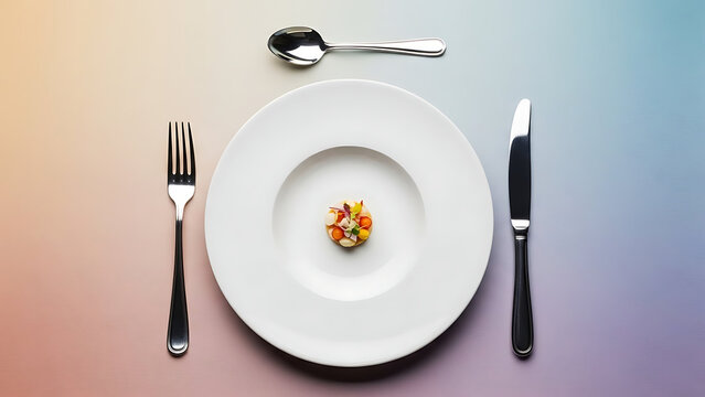 Minimalist top view of small gourmet fruit portion on white plate with elegant silver cutlery. Conceptual image for fine dining, healthy dieting, or small serving portion sizes for weight loss.