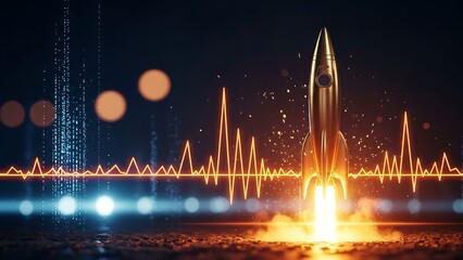 A rocket ship launching into the night sky with vibrant orange and blue lights and waveform graphics