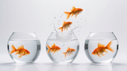 orange goldfish are swimming inside three fish bowls filled, arranged in a straight horizontal line, while several goldfish are mid-air, jumping from one bowl to another, frozen in motion.