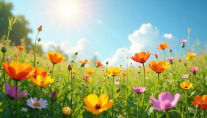 Naklejka premium Vibrant wildflowers bloom in a sun-drenched meadow , picture, garden