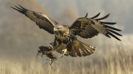 Fototapeta premium A bird of prey in flight with its prey in its talons is captured against a backdrop of blurred fields — a dramatic natural setting for documentary projects about wildlife.