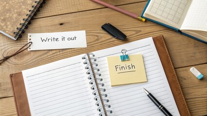 Notebook workspace with sticky notes and stationery on a desk