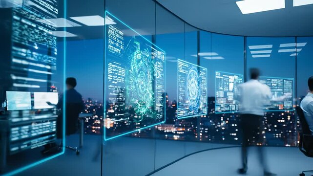 Monitoring data on network control screens. Operator and analyst work in glass office. Technology interface displays code graphics over skyline. Cybersecurity focus with real time visualization now.