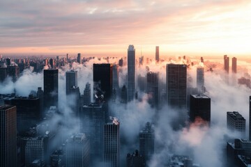Obraz premium City skyline with tall skyscrapers emerging through thick fog during colorful sunrise, creating dramatic and mysterious urban atmosphere