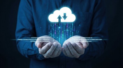 Person holding a luminous cloud with streaming digital data representing secure online sto