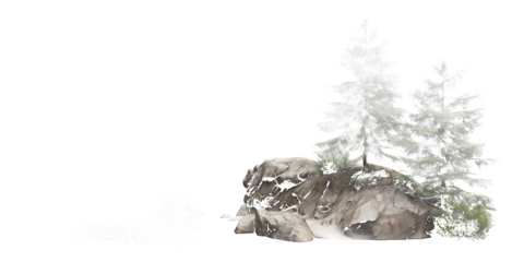 Snowy pine trees on a rocky outcrop with a campfire isolated on a transparent background flames