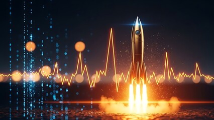 A rocket ship launching into the sky with a graph and digital elements in the background representing data and technology