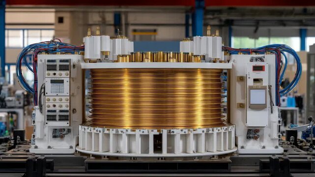 High-resolution close-up of transformer coil, golden surface glinting, steel framework supporting coil, electrical connectors and control boxes providing industrial context, soft r