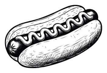 A delicious hand drawn hot dog served in a classic bun topped with savory sauce perfect for food menus restaurant promotions and casual snack branding