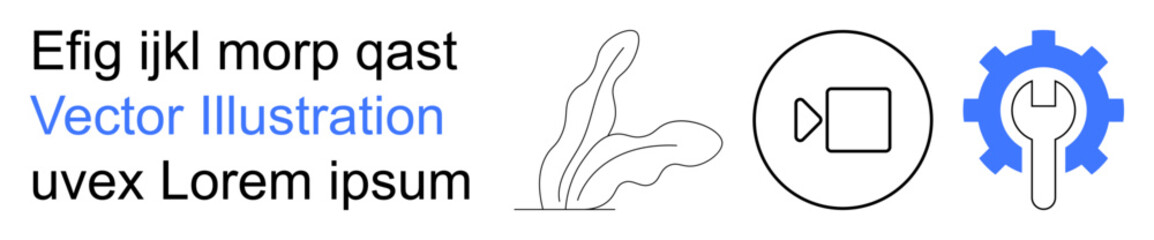 Video production, graphic design, digital tools, business settings, customization, technology interface. Features a video icon, gear with wrench and abstract plant. Video production and graphic