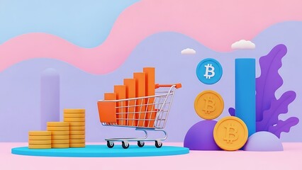 Colorful illustration of shopping cart with bitcoin and coins on pastel background with graph and bars
