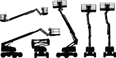 Silhouettes of five boom lifts and aerial work platforms for construction, maintenance, industrial access, elevation, safety, and equipment transport
