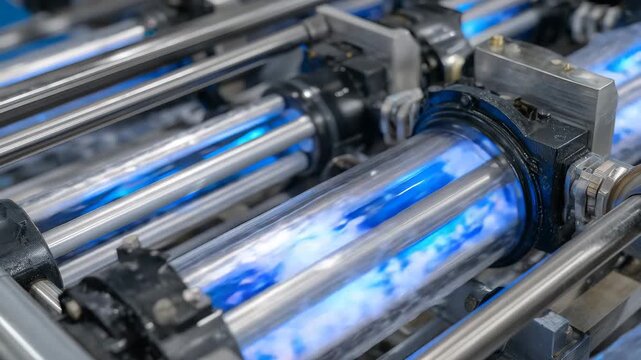 Macro detail of UV sterilization tubes in modern purification equipment, glowing ultraviolet light reflecting off polished steel surfaces, water moving smoothly through the system