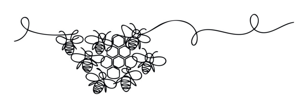 Continuous line drawing of a group of bees forming a honeycomb structure, perfect for minimalist naturethemed branding, packaging, educational materials, or decorative graphic design - Powered by Adobe