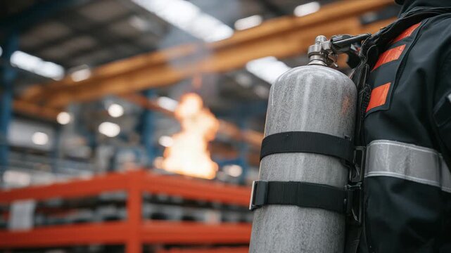 Macro perspective of firefighting PPE, hoses, straps, and SCBA cylinder close-up, flame-resistant fabric folds visible, industrial plant machinery softly out of focus