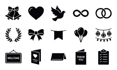 A comprehensive collection of wedding and celebration themed icons including rings doves hearts and balloons perfect for event planning invitations and decorative graphic design projects.