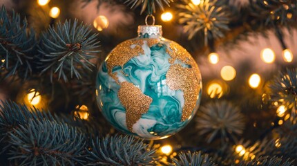 Earth Globe Christmas Ornament with Gold Glitter on a Decorated Tree with Lights