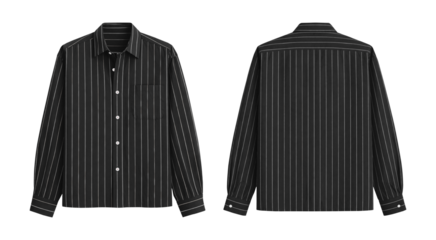 Stylish Dark Gray Pinstripe Long Sleeve Shirt for Men or Women, Front and Back Views Isolated on Transparent Background