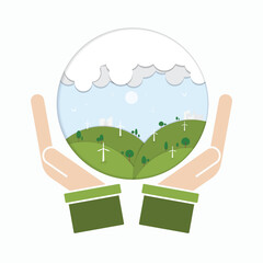 Eco-friendly concept illustration of hands holding a green globe with wind turbines, trees, and hills in paper cut style.