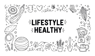 Hand drawn black and white doodle frame with healthy food fitness and nature elements promoting a wellness lifestyle concept perfect for health related content