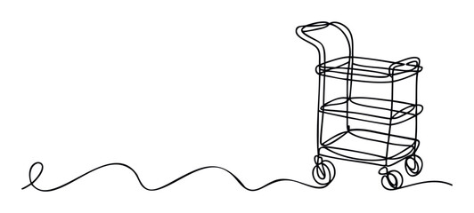 Minimalist continuous line drawing of a versatile utility cart on wheels, perfect for illustrating shopping experiences, home organization, or retail logistics concepts in various media
