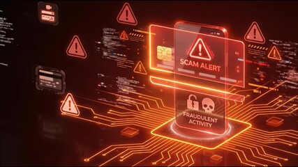 Scam alert notification smartphone with glowing warning icons and circuit board lines conveying fraud detection and cybersecurity threat awareness screen with credit card icon and warning symbols - Powered by Adobe