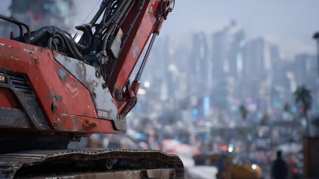 Macro shot of crane&rsquo;s extended stabilizer pads, metal textures and hydraulic hoses in crisp detail, city environment blurred behind, subtle reflections enhancing realism