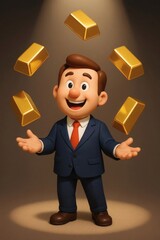 businessman happy gold bars juggling smiling wealth rich fortune success manager cartoon